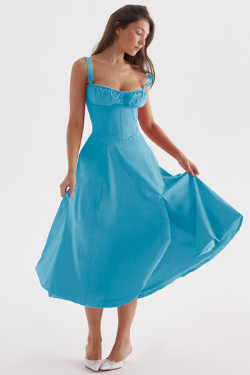 Woochic robe cocktail longue trapèze à bretelles fendue cintrée bleu S